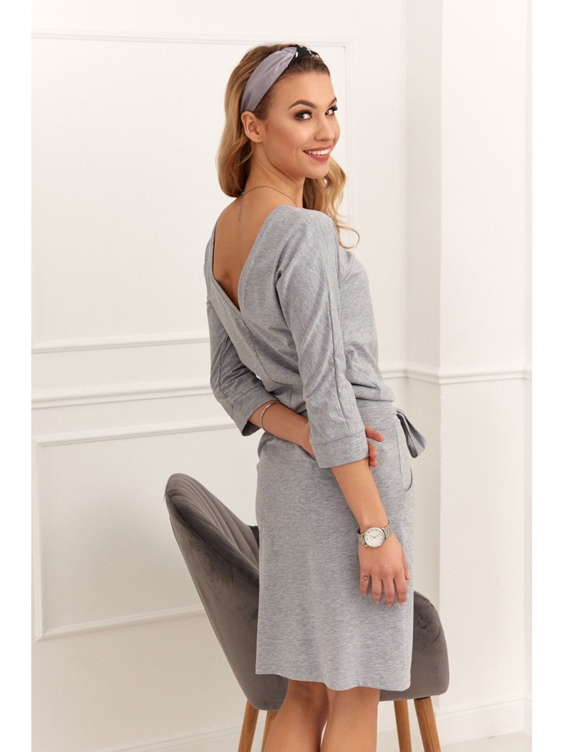 Light gray tie-waist dress 9729 - Online store - Boutique